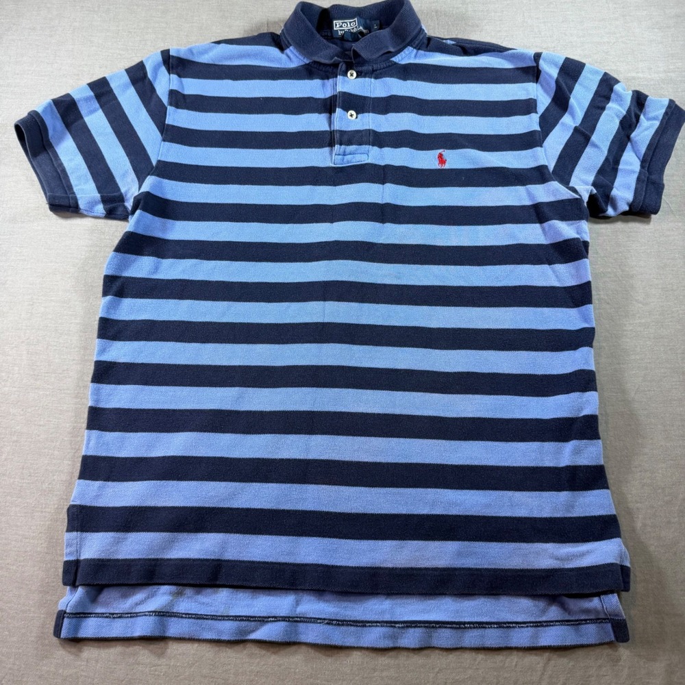 Polo Ralph Lauren Polo Shirt Mens L Blue Excellent Striped Short Sleeve Cotton - Picture 2 of 6